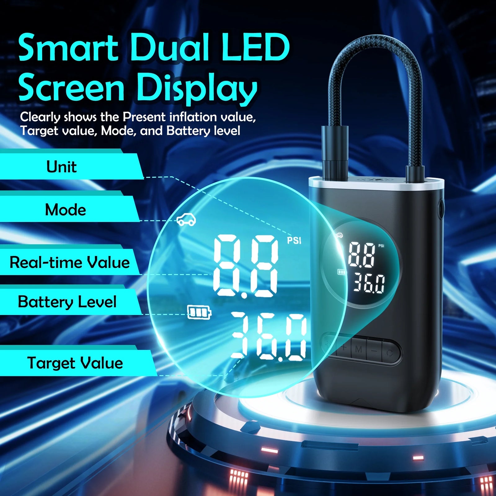 Tire Inflator Portable Air Compressor, 150PSI Cordless Air Pump for Car Tires with Digital Pressure Gauge, Rechargeable Tire Pump with LED Light for Car Bike Motorcycles Balls