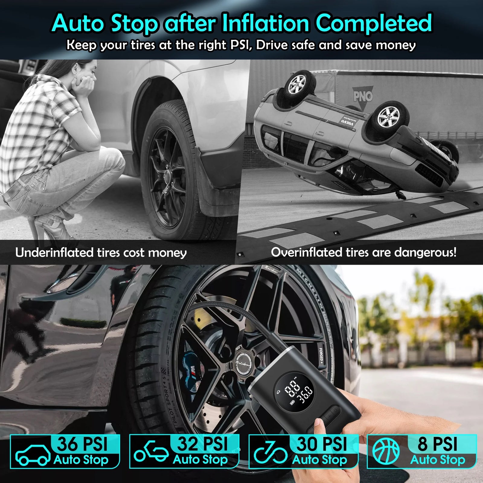 Tire Inflator Portable Air Compressor, 150PSI Cordless Air Pump for Car Tires with Digital Pressure Gauge, Rechargeable Tire Pump with LED Light for Car Bike Motorcycles Balls