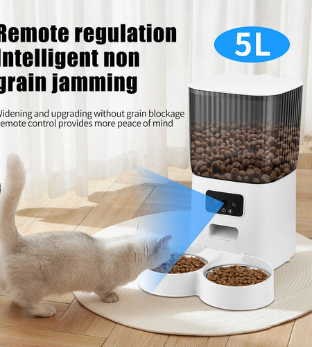 Threes Tree Automatic Cat Feeder with Camera for 2 Pets, Camera 5L Cat Feeder with 2 Stainless Steel Bowls, Remote APP Control