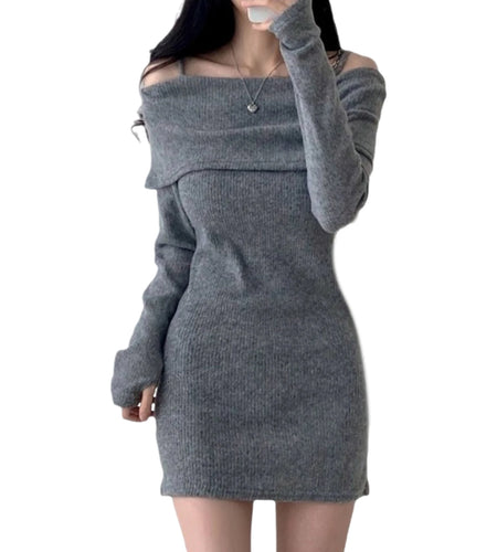 Womens Dresses Spring Fashion Cold Shoulder Lantern Sleeve Casual Plain Long Sleeve Daily Mini Knit Sweater Dress Woman Clothing