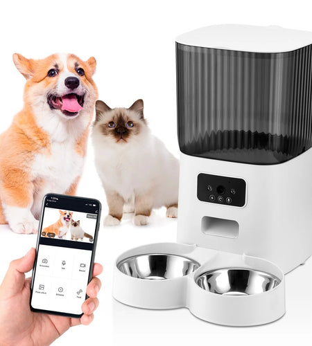 Threes Tree Automatic Cat Feeder with Camera for 2 Pets, Camera 5L Cat Feeder with 2 Stainless Steel Bowls, Remote APP Control