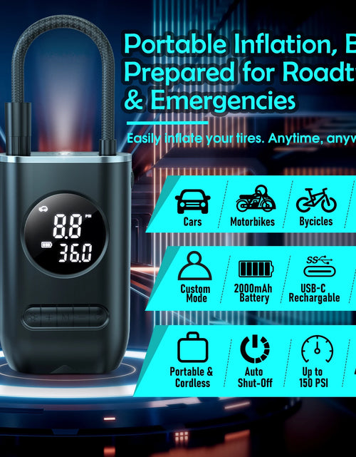 Load image into Gallery viewer, Tire Inflator Portable Air Compressor, 150PSI Cordless Air Pump for Car Tires with Digital Pressure Gauge, Rechargeable Tire Pump with LED Light for Car Bike Motorcycles Balls
