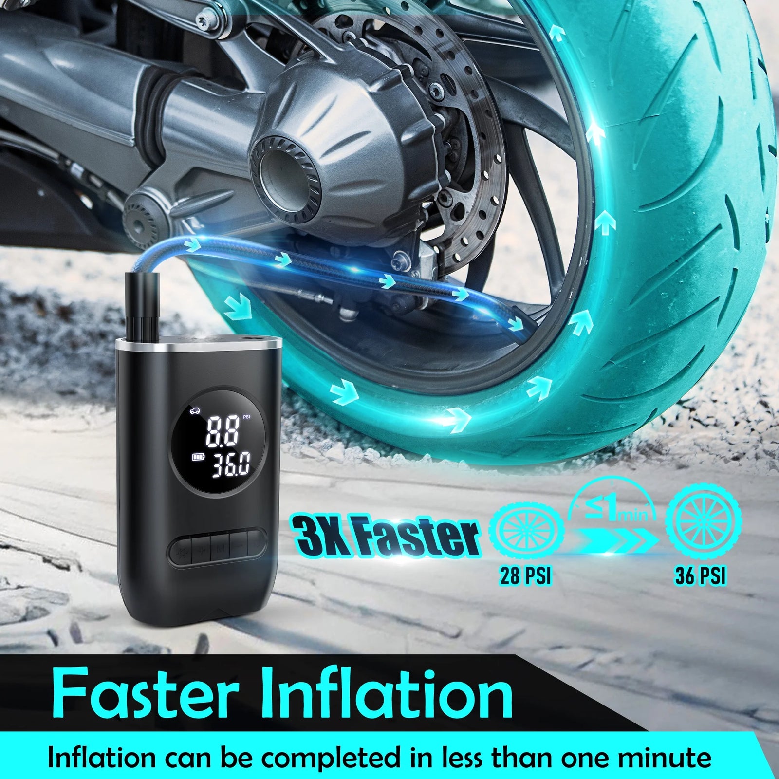 Tire Inflator Portable Air Compressor, 150PSI Cordless Air Pump for Car Tires with Digital Pressure Gauge, Rechargeable Tire Pump with LED Light for Car Bike Motorcycles Balls