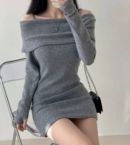 Womens Dresses Spring Fashion Cold Shoulder Lantern Sleeve Casual Plain Long Sleeve Daily Mini Knit Sweater Dress Woman Clothing